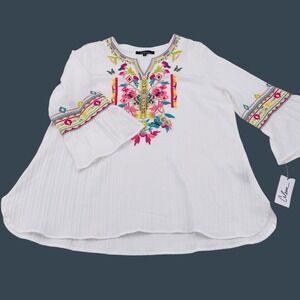 Calessa Womens White Embroidered Boho‎ Blouse Top XL 100% Polyester NWT